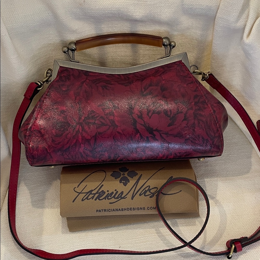 Patricia Nash Burgundy Floral Frame Satchel with Wood Top Handle